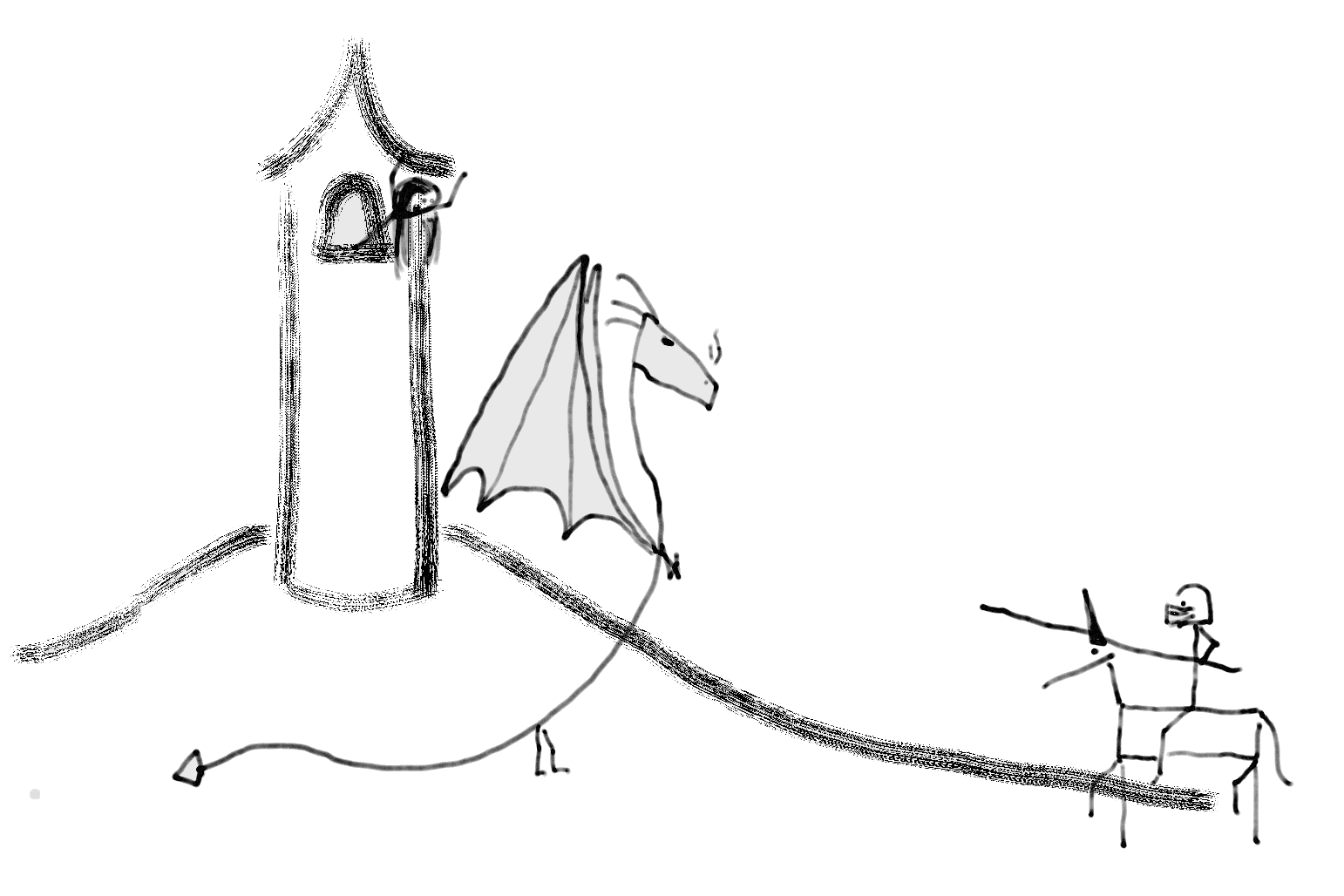 Black and white, stick figure drawing of a dragon, unicorn and football player kniight about to fight over a princess in a tower.